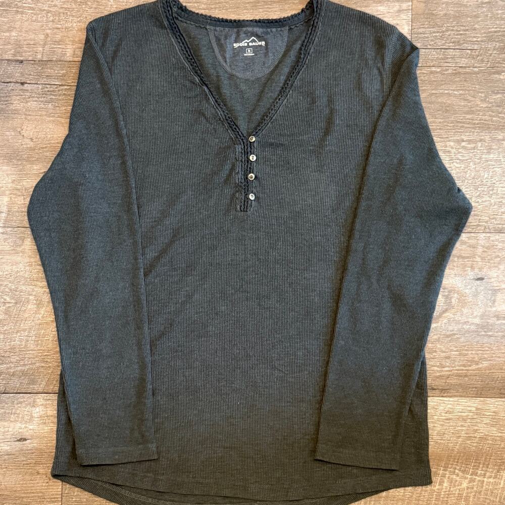 Eddie Bauer Women’s Gray Ribbed Henley Long Sleeve Top Button Front Size XL